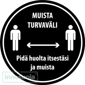 innosuoja pyöreä mustavalkoinen lattiatarra, turvaväli